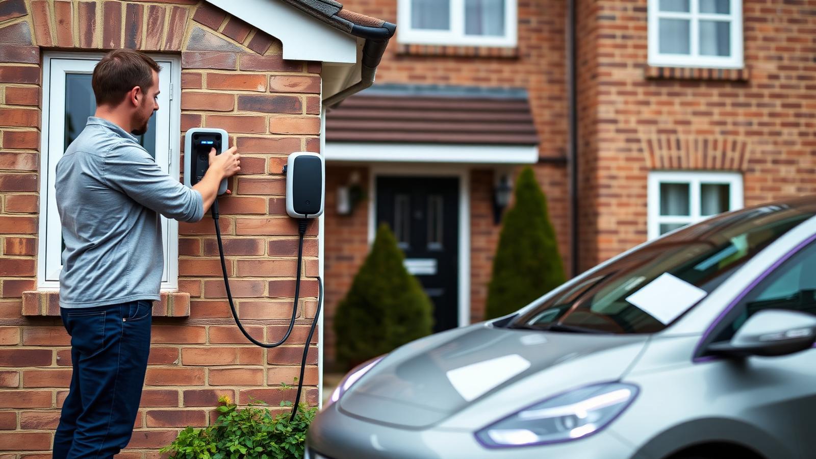 Electrician installing a wall-mounted EV car charger at a UK home