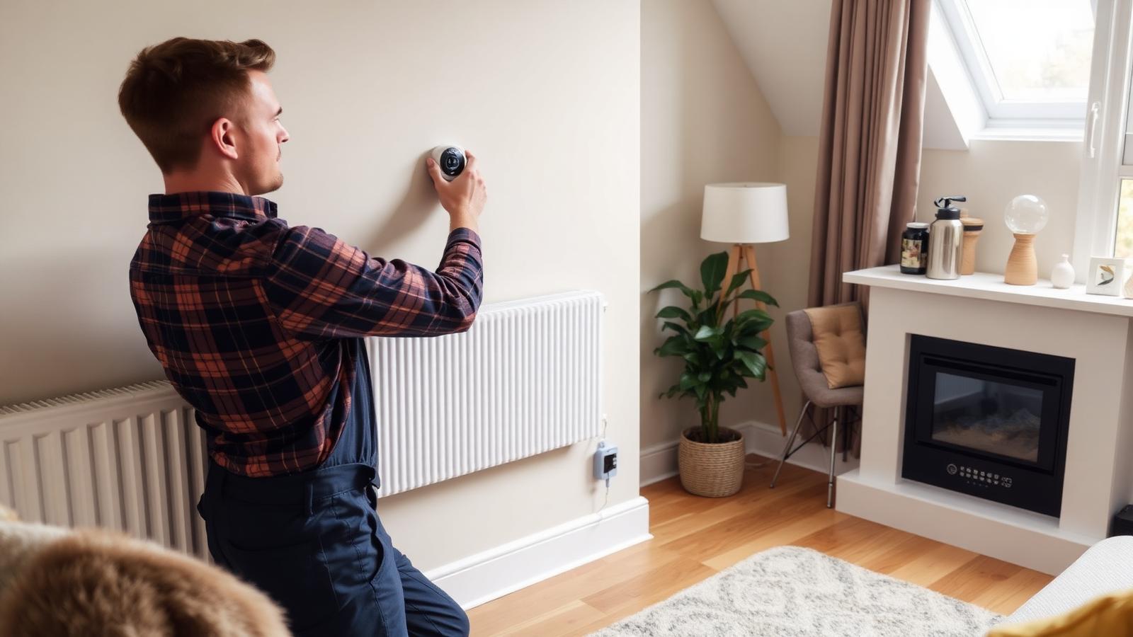 Electrician installing an electric panel heater and smart thermostat in a UK living room