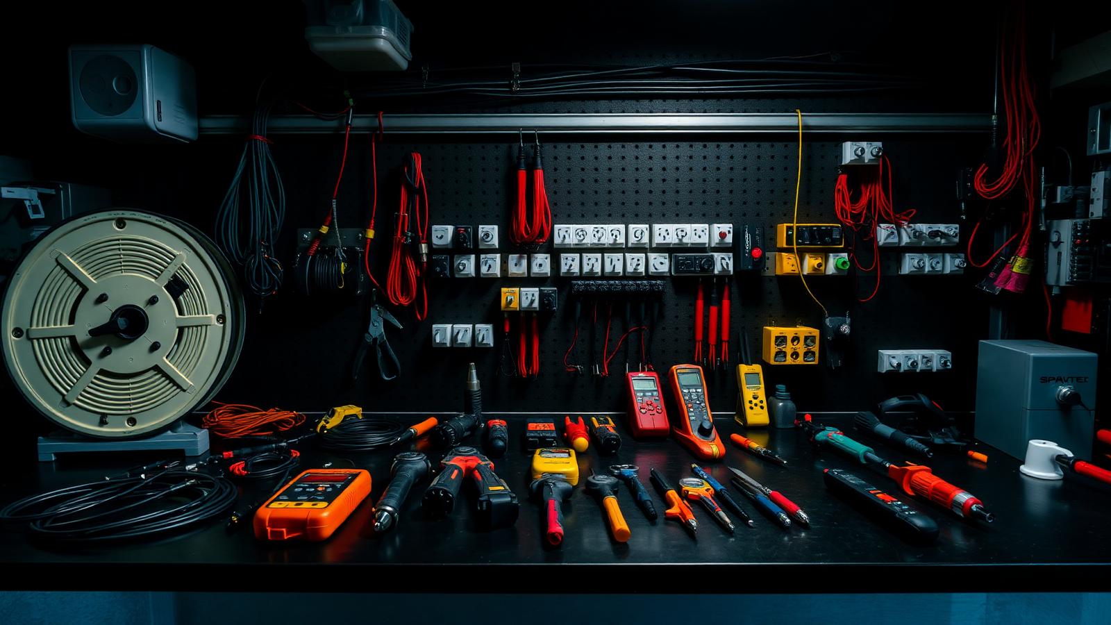 Professional electrician's tools, testers and cable laid out on a workbench