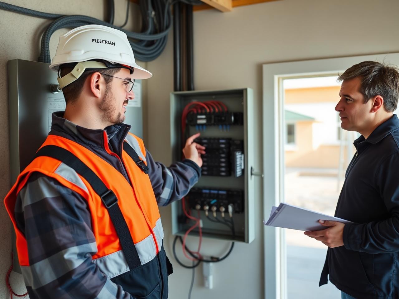 LJS Electrical Contractors contractor working on a distribution board with a site manager on a new-build development